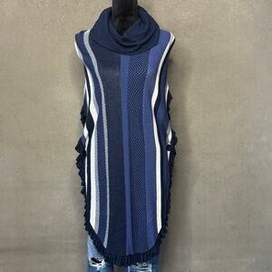 Joseph A Blue Striped Poncho Sweater XL Cowl Neck Fringe Button Sides